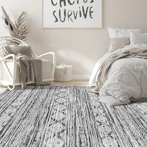 Nakagishi 5x7 Area Rugs Living Room: Washable Large Neutral Soft Rug Stain Resistant Non-Slip Carpet for Men Modern Home Enthusiasts Aged 25-45 - High Traffic Areas - Bedroom Office- Black White