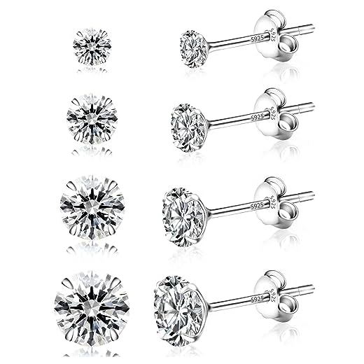 Yiorxu 4 Paar Ohrringe Silber 925 für Damen, Ohrstecker Silber 925, 5A+ Zirkonia, Größe: 3/4/5/6 mm, Hypoallergenes Ohrringe Set, Anti-Oxidation, Elastische Verpackung