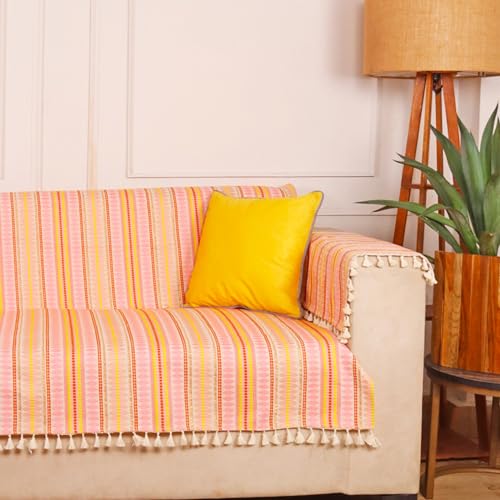 Image of STITCHNEST Woven 2 Seater Sofa Protector with 2 Hand Rest Covers - Pink & White Stripe Design - Washable Fabric with Tassels - Stylish Sofa Cover for Modern Living Room & Furniture Decor