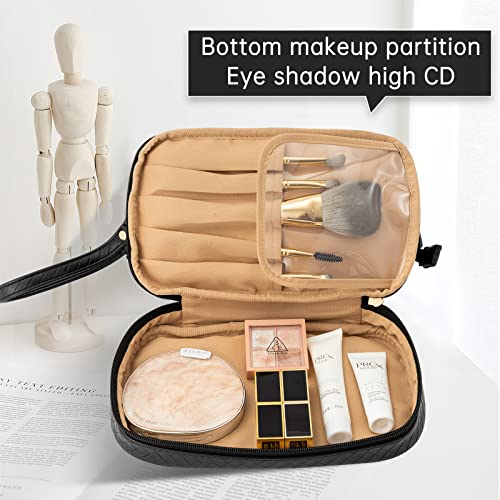 Abiudeng Large Makeup Bag,Double Layer Cosmetic Bag,Travel Makeup Bag,Leather Makeup Bag, Cosmetic Travel Bags,Portable Leather Toiletry Bag-Black #TOP4