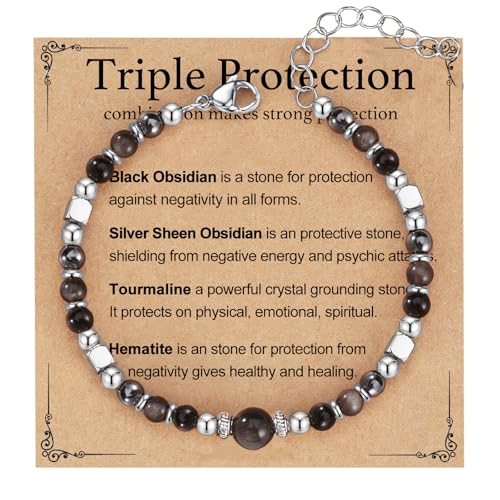 Image of Triple Threat Protection Anxiety Relief Gifts for Women,Natural Healing Crystal Bracelet Evil Eye Jewelry for Her Friends