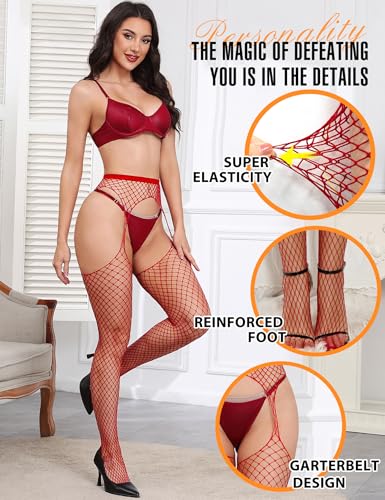 Image of RSLOVE Women's Fishnet Suspender Stockings - High Waist Fishnet Tights Sexy Lingerie for Intimate & Daily Wear