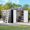 MXV 10 x 8FT Outdoor Storage Shed, Metal Garden Shed with Windows, Double Lockable Doors & Sloped Roof, Magnetic Solar Lamp, Waterproof Tool Sheds for Backyard Garden Patio Lawn, Black