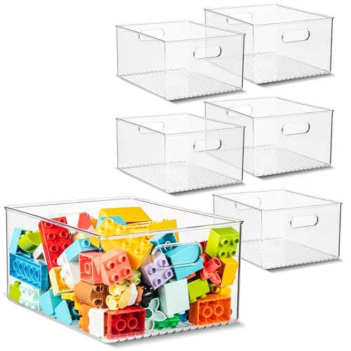 Plastic Food Storage 6 Pack Clear Container Bin with Handles for Organizing Kitchen, Pantry, Refrigerator, Freezer, Pantry, Cabinet, Closet, Bathroom 10”x8”x5”