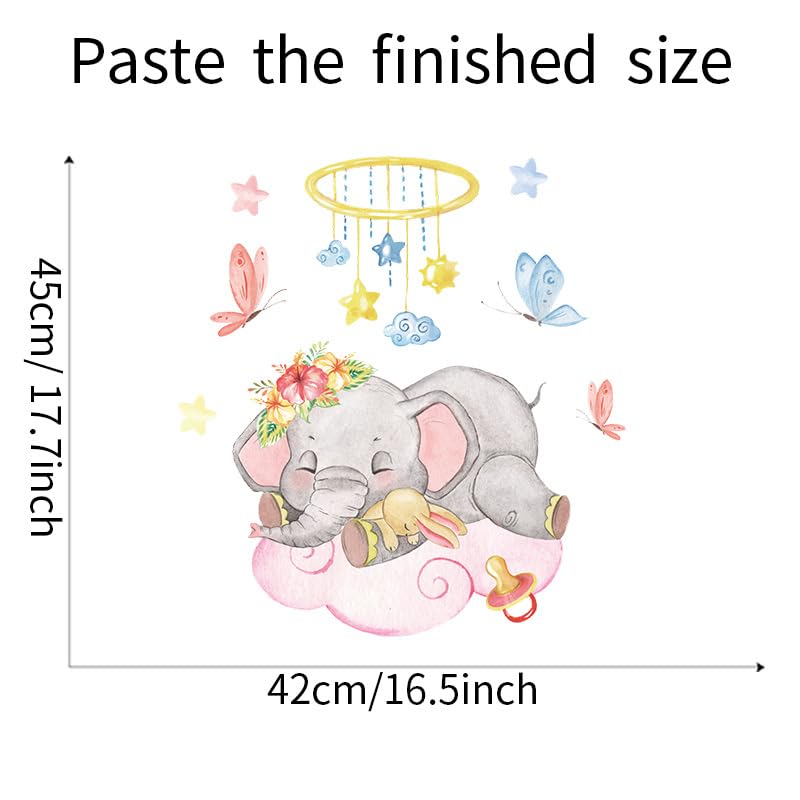 Image of Baby Elephant Wall Stickers for Nursery - Sleeping Elephant Cloud Bunny Butterfly Wall Decals Waterproof Removable - Large Baby Room Decoration Kids Bedroom Playroom Decor Baby Shower Gift Boy Girl