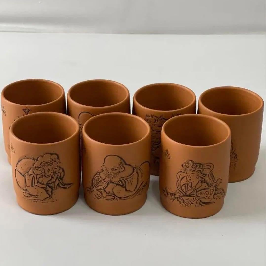常滑焼 義叟作 伯宝彫り 七福神 急須 湯呑7点セット 茶器 煎茶