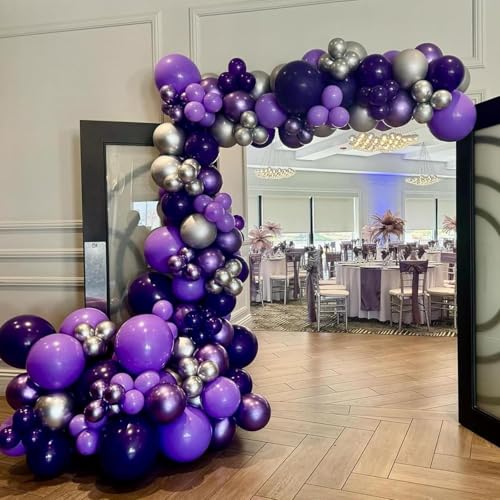 Image of 70pcs 12 inch Purple Black Metallic Silver Latex Balloons with Purple Confetti for Halloween Birthday Anniversary Wednesday Graduation Party Decorations