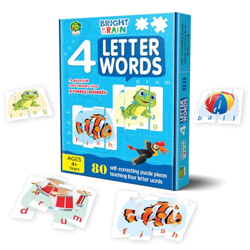 Image of THE BOOK TREE Bright Brain 4 Letter Words Puzzle - Learn to Spell 20 Four Letter Words 80 Pieces- Beautiful Colorful Pictures (Age 4+), Gift Box By Majestic Book Club, for Kid