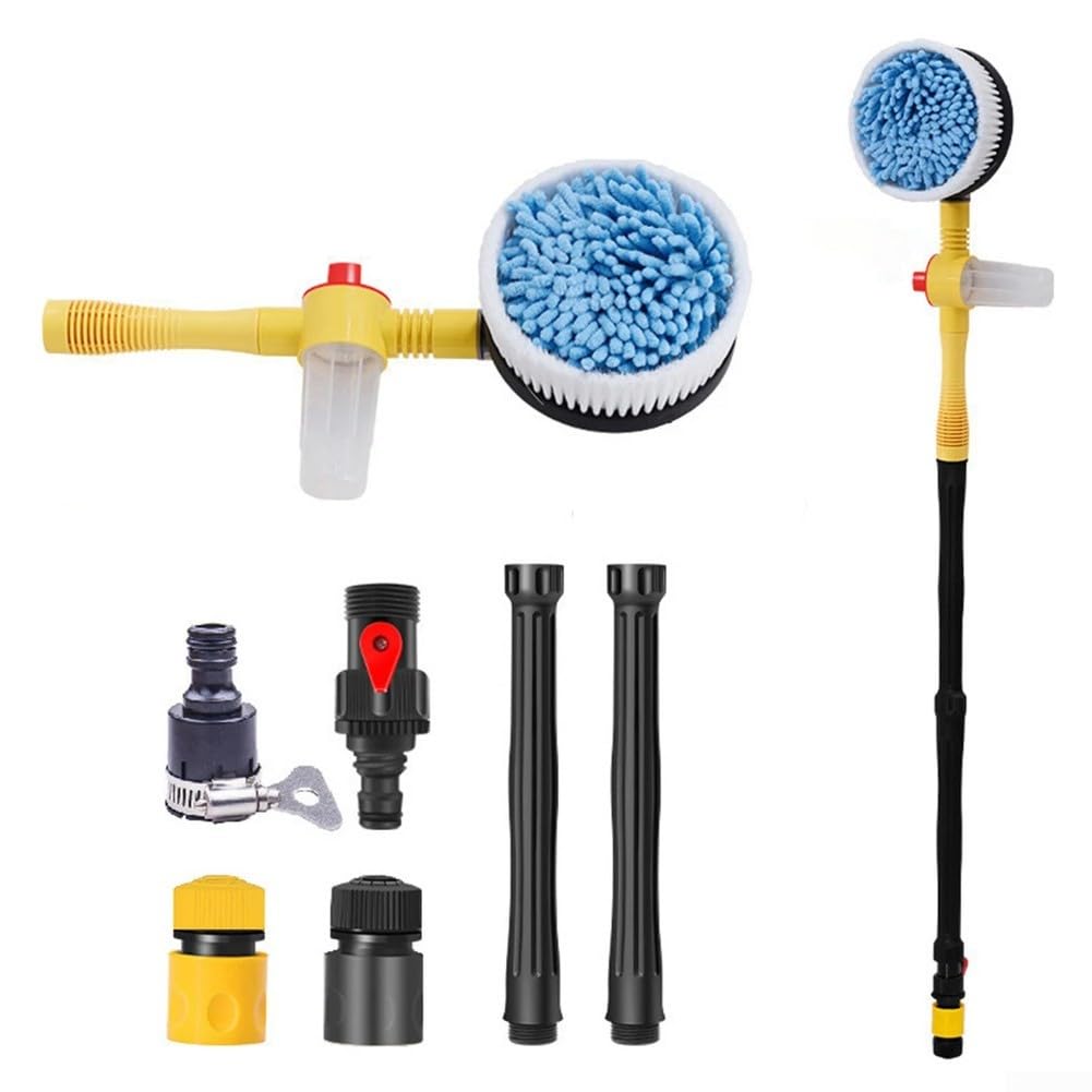 Kit de cepillo de limpieza giratorio para coche con boquilla de manguera integrada y movimiento de 360 grados para coches, camiones, caravanas, patios y suelos al aire libre