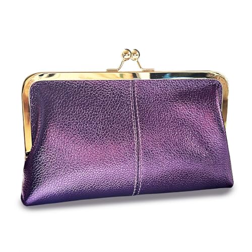 Image of Vintage Kiss Lock Leather Wallet for Women, Clutch, Metallic Purple | Genuine Leather, Multi-card Slots Card Holder Clutch Purse Travel Wallet