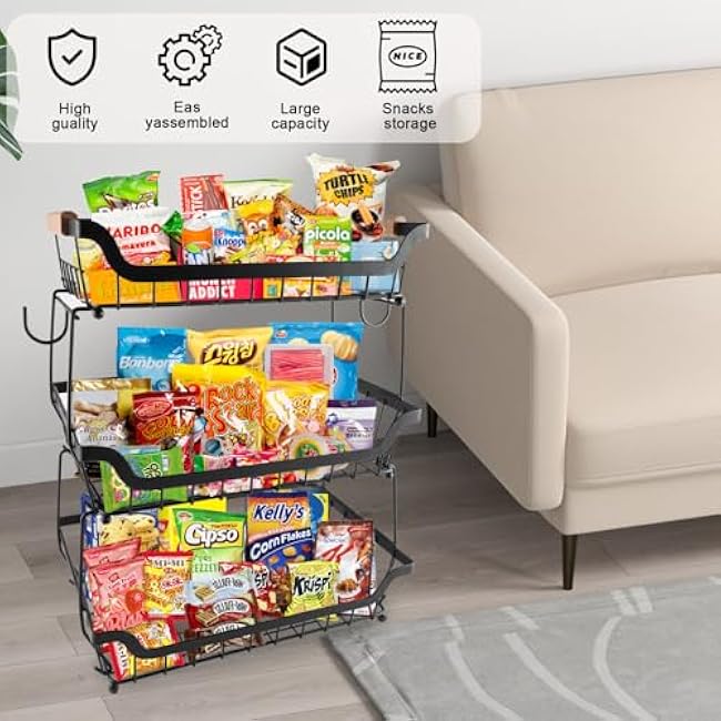 3-Tier Rolling Pantry Floor Organizer and Storage Cart with Wheels,Stackable Metal Wire Snack Display Basket for kitchen pantry organizers and storage shelves with Banana Hanger &Wooden Handle-G78vnFNU