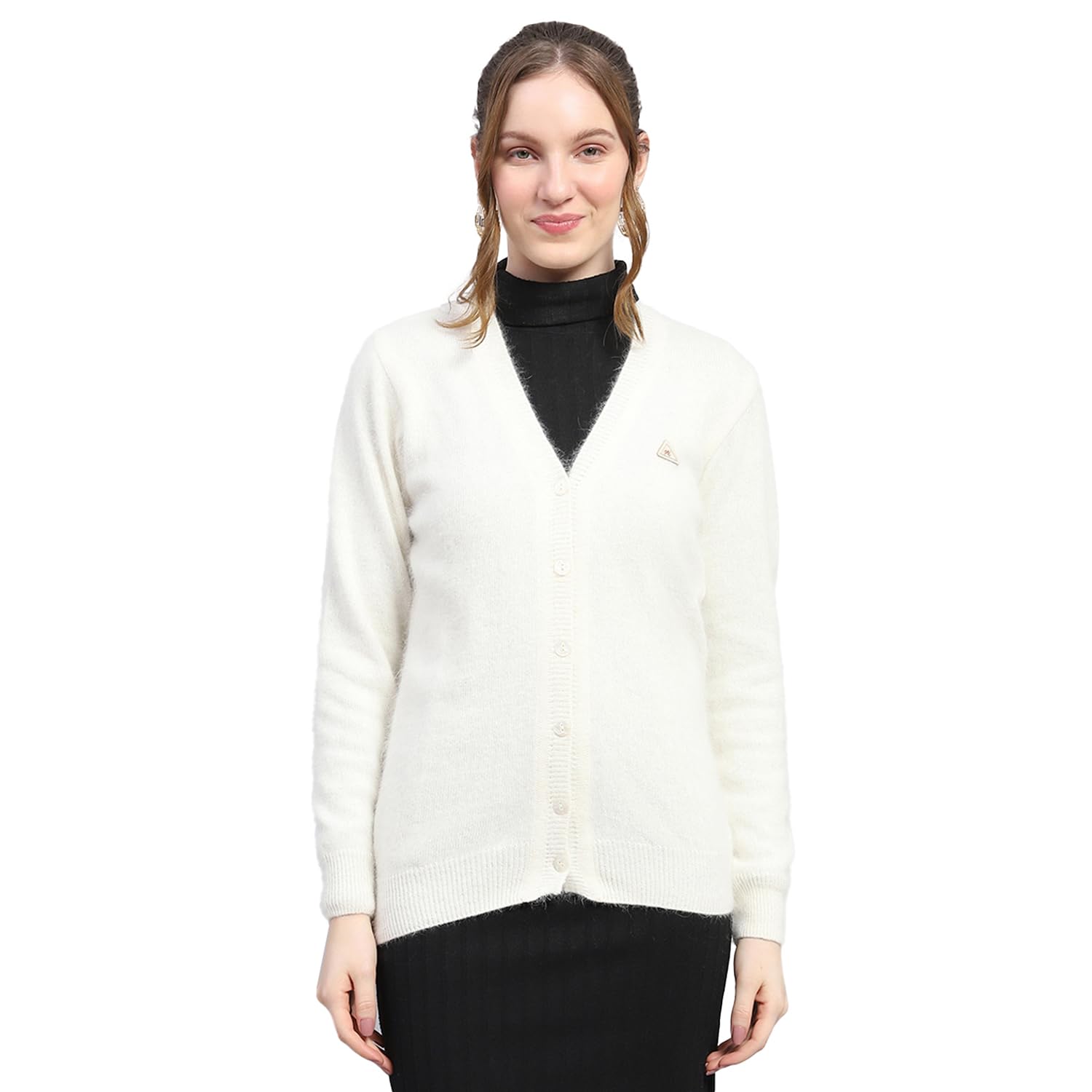 Womens Off White Solid V Neck Full Sleeve Cardigan