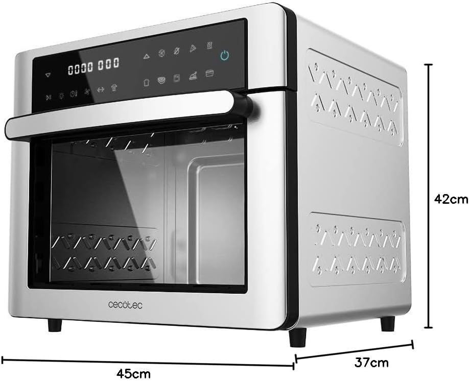 Diagramă care prezintă dimensiunile cuptorului cu friteuză cu aer Cecotec Bake&Fry 2500 Touch Steel.