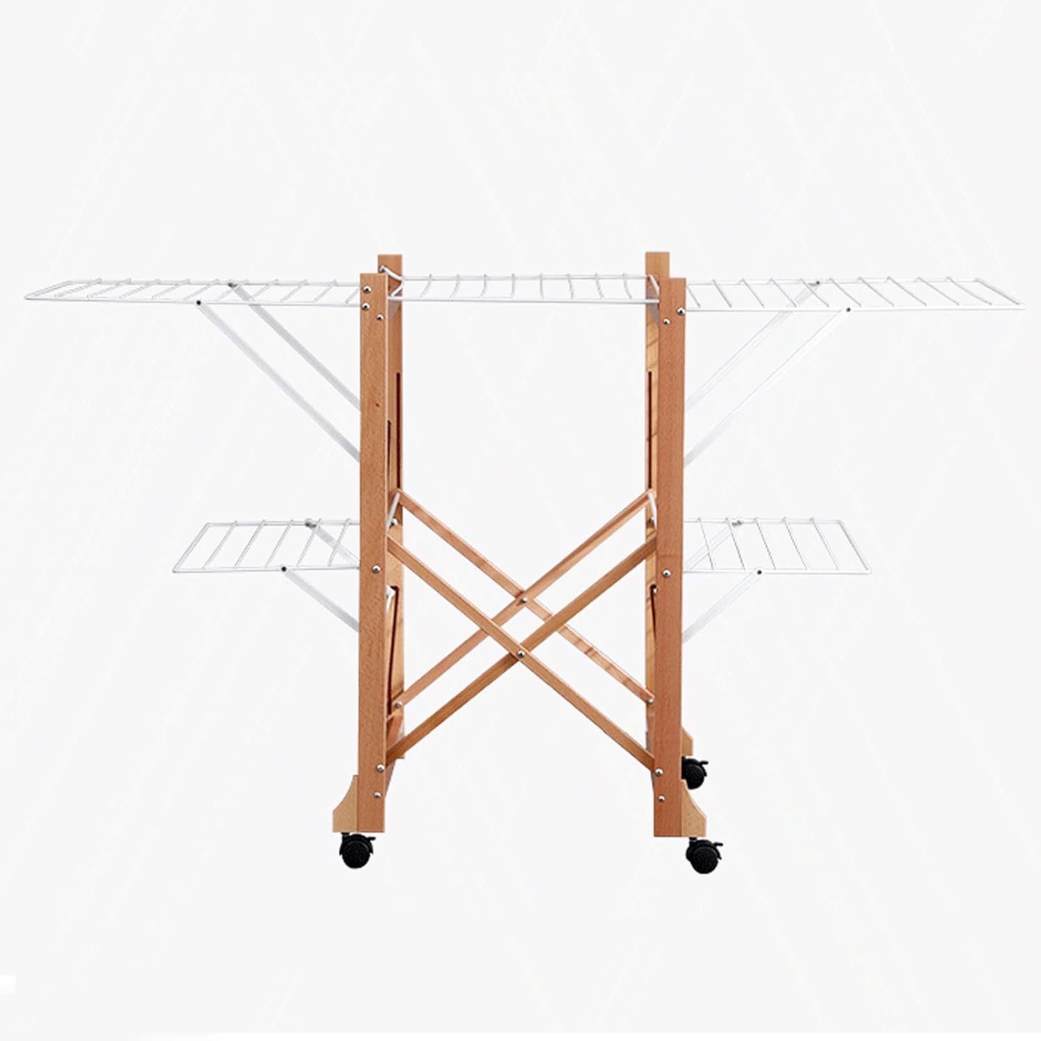 Portable 2-Tier Clothes Drying Rack - Foldable Solid Wood Garment Airer with Casters, Space-Saving Laundry Rack for Indoor/Outdoor Use, Adjustable & Collapsible Design