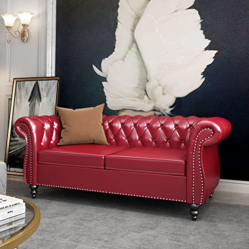Image of ORRD Chesterfield Loveseat, Modern Leather Sofa Tufted Couch 2 Seater with Rolled Arms and Nailhead for Living Room, Bedroom, Office, Apartment (Burgundy)