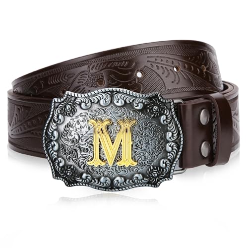 Image of Mens Western Cowboy Cowgirl Faux Leather Belt Longhorn Bull Pattern Letter Big Buckle Embossed Floral Belts