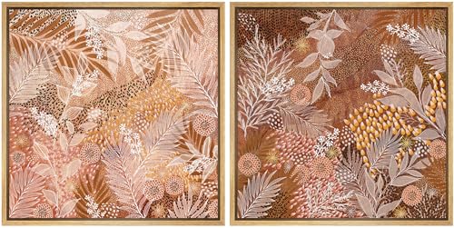 SIGNFORD Framed Canvas Print Wall Art Set Earth Tone Botanical with Leaf and Floral Illustrations Modern Art Minimal Relax/Calm for Living Room, Bedroom, Office - 16"x16"x2 Natural