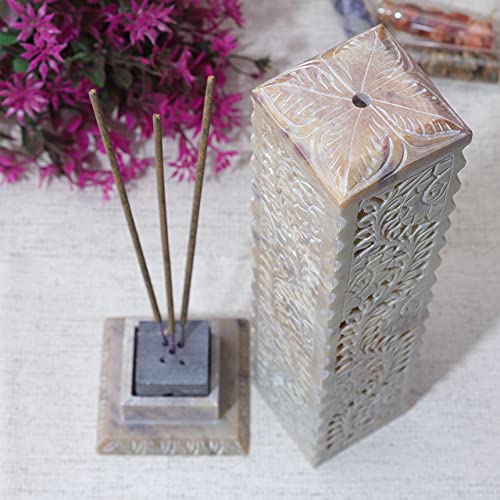 Crocon Handmade Incense Tower Burner Soapstone Leaf Design Tea Light Candle Holder | Incense Burner | Livingroom Decorative And Home Decor Best Gift Set - 3X3X11 Inch #TOP5