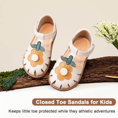 Image of Toddler Girl Sandals with Flower, Breathable Leather kids Closed Toe Sandals, Soft Rubber Non-Slip Summer Shoes for Little Girls 2-7 Years