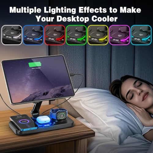 Padwa Lifestyle Tablet Ständer mit kabelloser Ladefunktion, iPad Halterung für Schreibtisch – 4-in-1 Ladestation mit RGB-Beleuchtung & Uhr, Verstellbarer Tablet-Halter für iPad, iPhone, AirPods