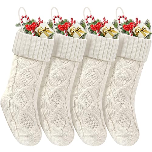 Doitory Christmas Stockings 18 Inches,Long Knitted Socks Christmas Decoration Hanging Stocking Fireplace Xmas Tree Stocking for Home Family（4 White）
