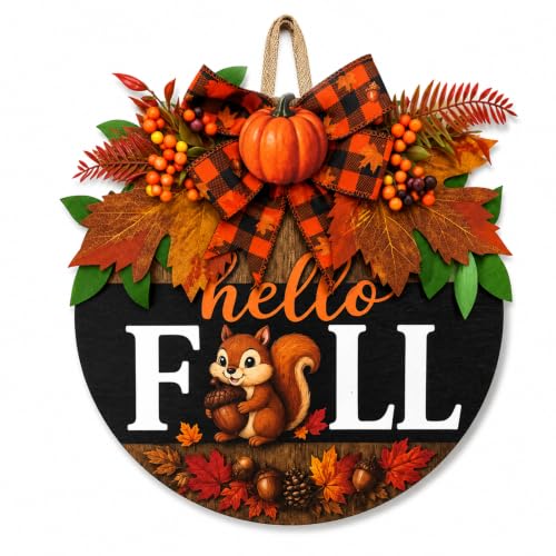 Image of Fall Wreaths for Front Door Hello Fall Squirrel Door Hanger Thanksgiving Decor (Cute Hello Fall)