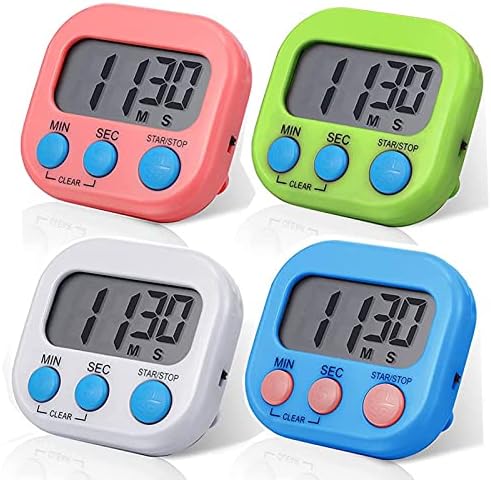Runlyn 4 Colors Digital Kitchen Timer Big Digits Loud Alarm Magnetic Backing Stand with LCD Display for Cooking Baking Sports Games Study Work, 4 Packs