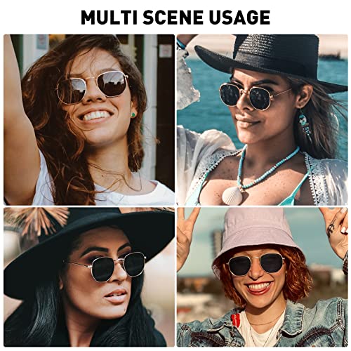 Polarized Hexagon Sunglasses for Women Men Metal Frame Square Small Polygon Sun Glasses UV400 Protection (A) Gold-Green Mirror Lens2