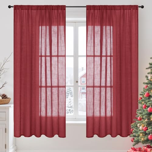 Image of BGment Burgundy Linen Curtains 63 Inches Long for Living Room, Semi Sheer Window Drapes Textured for Bedroom Dining Light Filtering with Rod Pocket Lightweight, 2 Panels, Each 52 Inch Wide