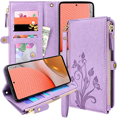Lacass Premium Leather Flip Zipper Wallet Case Cover Stand Feature with Card Holder and Wrist Strap for Samsung Galaxy A72 5G (Floral Light Purple)
