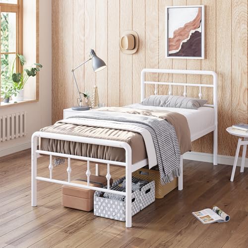 Nailsong Marco de cama individual de 18 pulgadas de alto con cabecero y estribo, plataforma de metal resistente, no necesita somier, fácil montaje, almacenamiento debajo de la cama, sin ruido, color