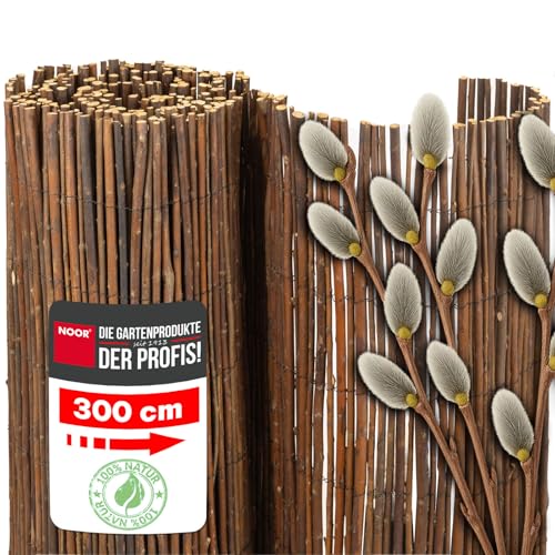 NOOR Weidenmatte Deluxe Natur 0,90 x 3,00 m - Natürlicher Sicht- und Windschutz aus Weidenzweigen für Garten, Terrasse & Balkon - verwebt mit verzinktem Draht