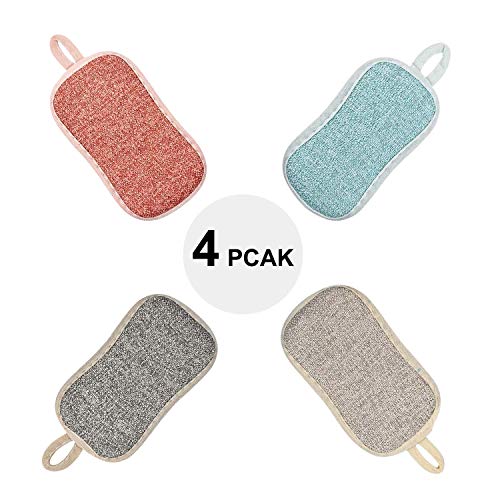 POOPHUNS Paquet de 4 Éponges à Vaisselle,Microfibre Tampons à Récurer Éponge,Double Éponge pour Les Poêlons Antiadhésifs,Reutilisable Éponge de Cuisine Tampons Antibactérienne Éponge