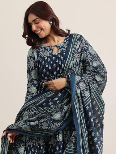 Image of Libas Printed Cotton A-Line Kurta With Churidar and Dupatta