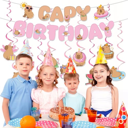 Image of Capybara Birthday Party Decorations - 12 Pcs Pink Capy Birthday Party Banner Hanging Swirls Decorations, Cute Animals Theme Decor Supplies for Boys Girls Capybara Lover