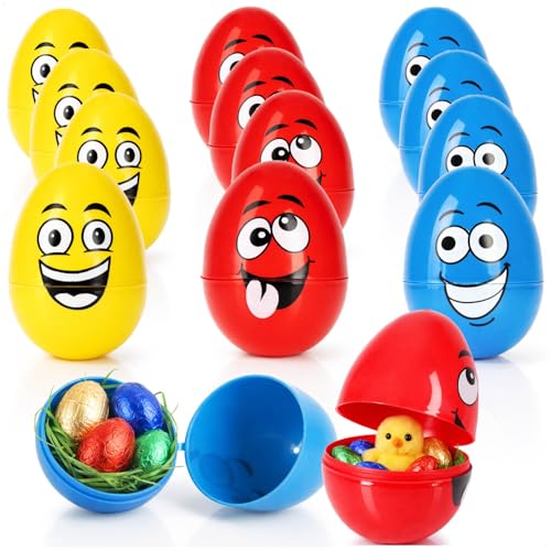 com-four® 12x Œufs à remplir avec Visage œufs de Pâques colorés Coques en Plastique ouvrables décoration de Pâques Vide et Emballage Cadeau (12x...