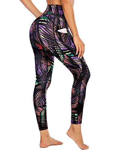 FAFAIR Patterned Leggings for Women High Waisted Pocket Active Leggings Workout Spandex Yoga Pants Athletic Tights Leaves S