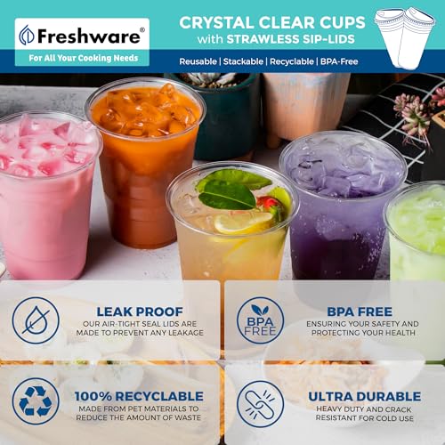Image of Freshware 24 oz Clear Disposable Plastic Cups with Strawless Sip Lids, 100 Pack Clear Plastic Tumblers, Heavy-duty Party Glasses, Disposable Cups for Thanksgiving, Halloween, Christmas Party