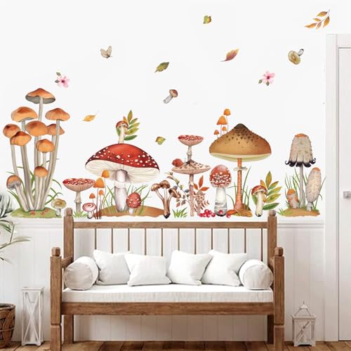 Image of decalmile Woodland Mushroom Wall Decals Spring Forest Grass Easter Wall Stickers Girls Bedroom Living Room Kitchen Wall Door Decor