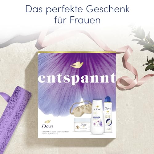 Dove Geschenkset "Entspannt" mit Duschcreme, Anti Transpirant, Dusch-Creme-Peeling und mit Schlafmaske 225 ml + 225 ml + 150 ml – Ansicht 4
