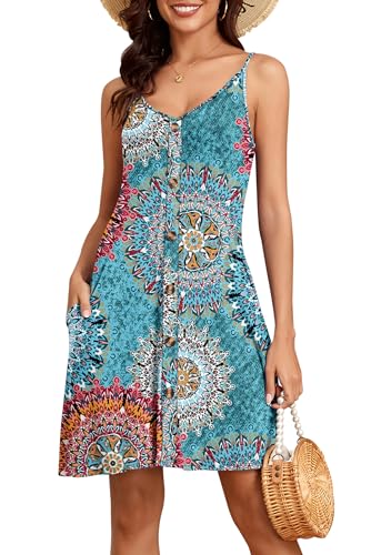NARRAME Vestidos de Mujer con Tirantes Finos y Cuello en V Vestidos de Verano para Mujer Vestido Informal de Moda Floral con Bolsillos Estampado Verde Medio
