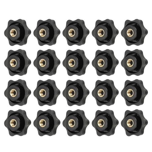YELARXI クランプナットノブ プラスチックねじ込み式真鍮スターノブ ローレットM8メスネジ六角ヘッド、ヘッド直径1.5インチ 芝刈り機ハンドル機械に適合(20個パック、ブラック)