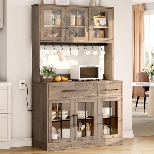 YITAHOME 71" Farmhouse Kitchen Pantry Storage Cabinet with Power Outlet, Freestanding Glass Door Display Pantry Hutch with Microwave Stand & Adjustable Shelves & Large Countertop for Home, Lvory Grey