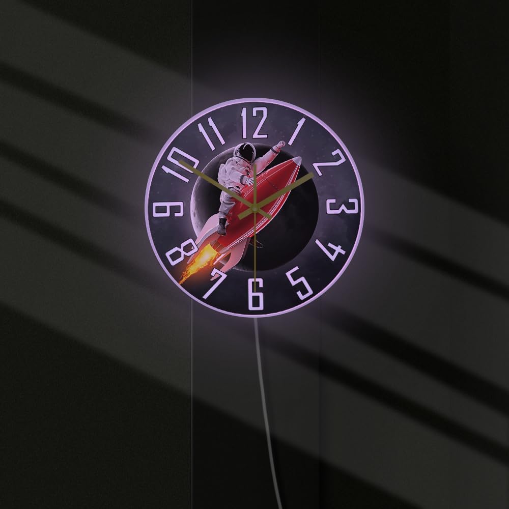 Geek Alerts Astronaut Riding On Rocket LED Neon Luminous Wall Clock Spaceman Cosmos Battery Operated Silent Non Ticking Glowing LED Electric Display Sign Clock for Kids Bedroom Astronomy Home Decor