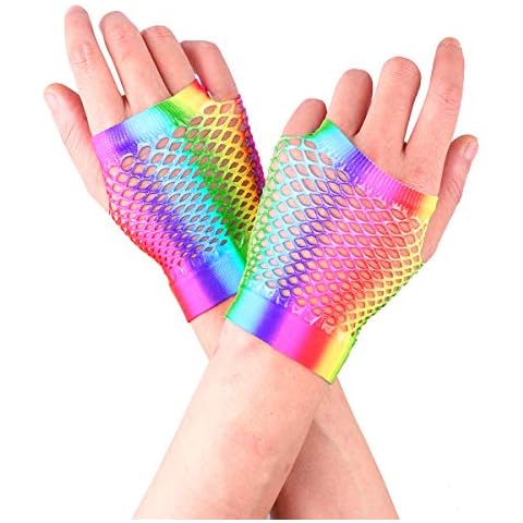 iEFiEL Regenbogen Fäustlinge für Frauen Mädchen Fingerlose Handschuhe 80er Jahre Bachelorette Party Netzhandschuhe Fasching Karneval Kostüme Zubehör Bunt kurz One Size Cover