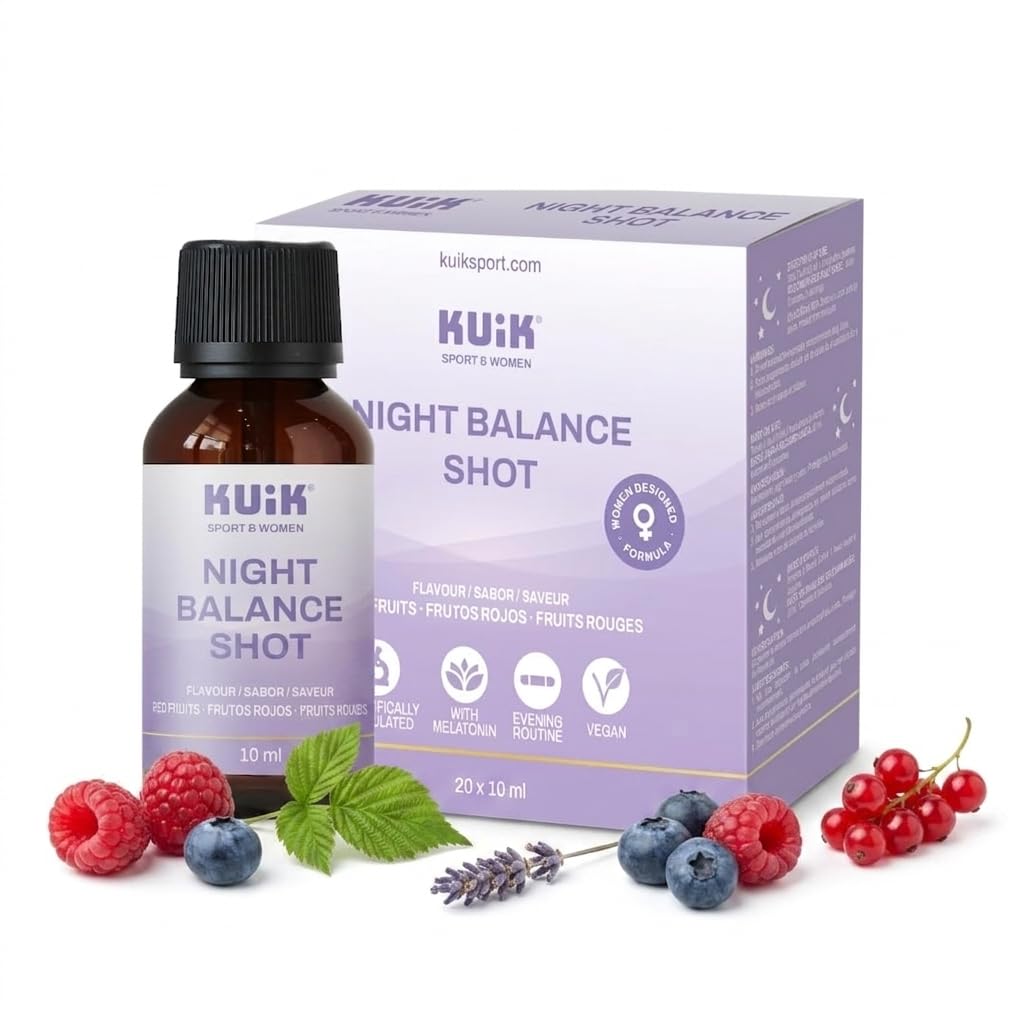 Night Balance Shot con Melatonina, Magnesio y L-Teanina – Complemento Alimenticio Líquido para el Descanso – Con GABA y Extractos Vegetales – Sabor Frutos Rojos – 20 Viales – KUIK Sport