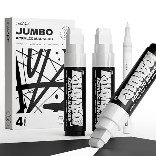JusArt 4 Pcs White Jumbo Poster Marker Set 15mm Wide Tip and 0.7mm Fine Tip Acrylic Paint Markers for Rock Fabric Glass Ceramic Wood