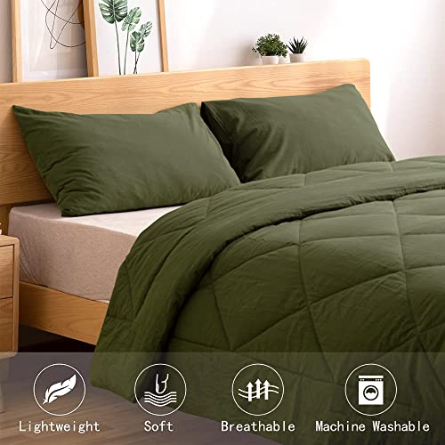Atsense Green Comforter Set King Size, 100% Washed Cotton Linen Feel Soft, Dark Olive Green Comforter Lightweight And Durable, 3Pcs Forest Green Bedding Set, Army Green Comforter For All Season #TOP3