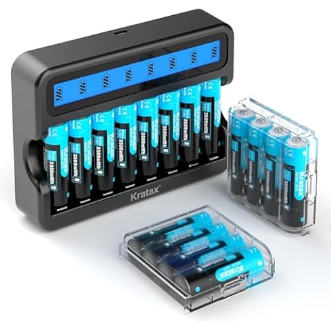 Kratax 1.5V Rechargeable AA Lithium Batteries 16 Pack 3500mWh AA Lithium ion Batteries with 8slots Intelligent Battery Charger Cover