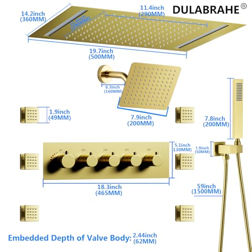 Sistema de Ducha Termostático Inteligente 14 X 20 Pulgadas Cabezal de Ducha LED de Lluvia para Techo, Mezcladora para Baño, Set con Jet Corporal en Bronce Cepillado miniatura 4